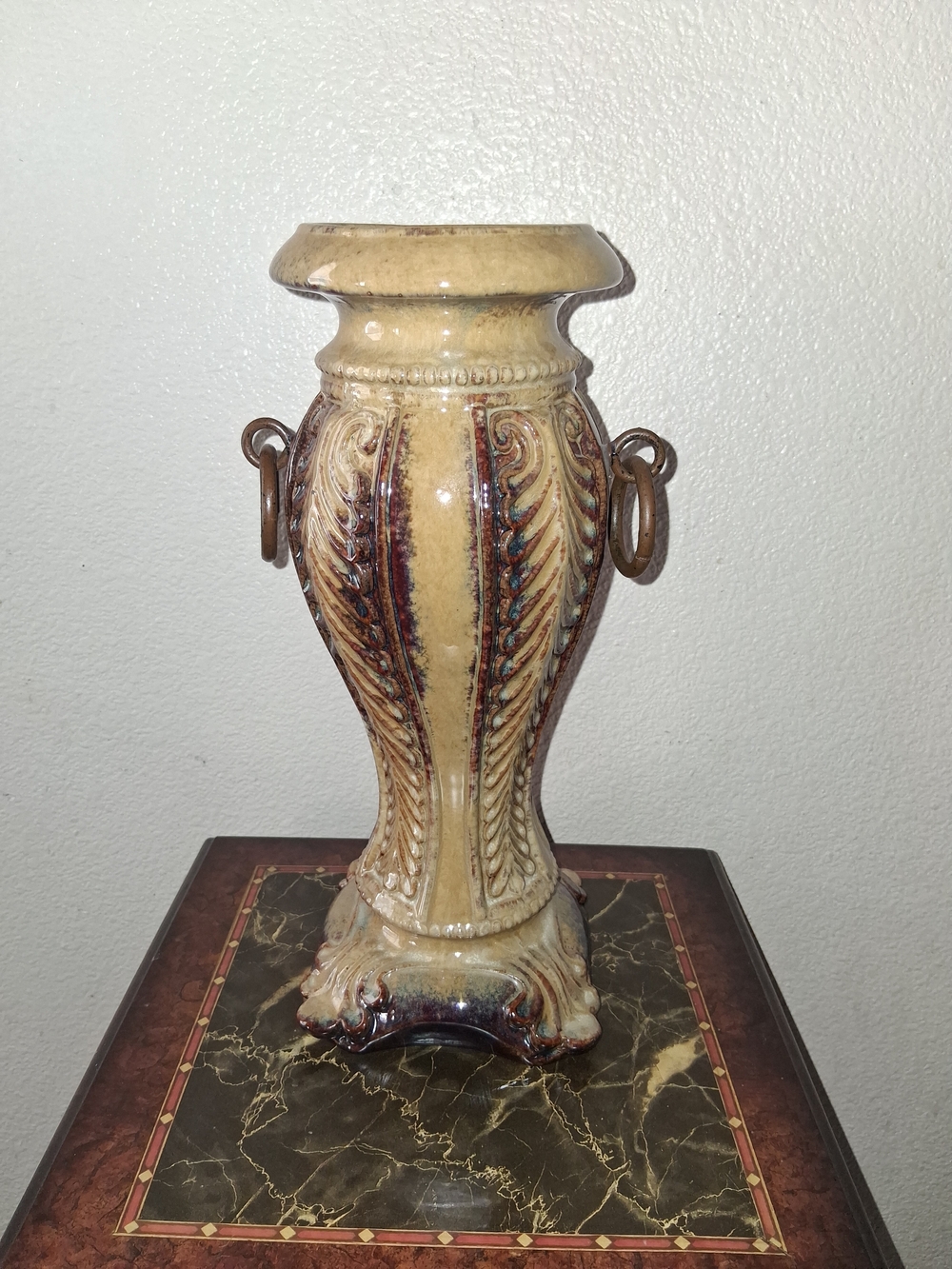 Decorative Ceramic Urn Candle Holder in Beige and Brown Statement Piece 12x5in